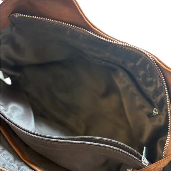 Brown Vegan Leather Satchel Handbag Cognac Top Handle Purse Work Bag - Picture 5 of 8